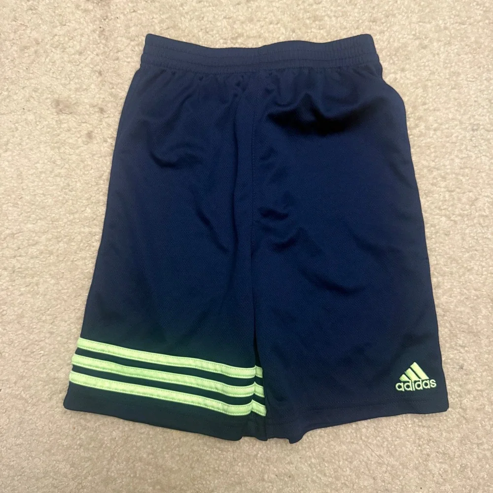 Adidas Kids Navy Blue Lime Green Stripe Mesh Athletic Shorts Boys Size 7
